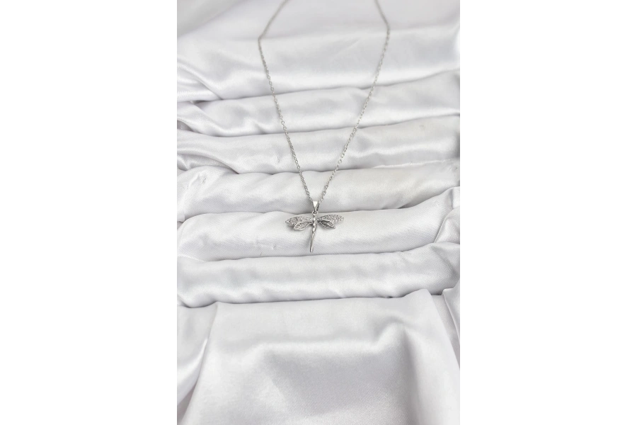 Shoecide 316l Çelik Zincir Gümüş Renk Yusufçuk Model Zirkon Taşlı Kadın Kolye