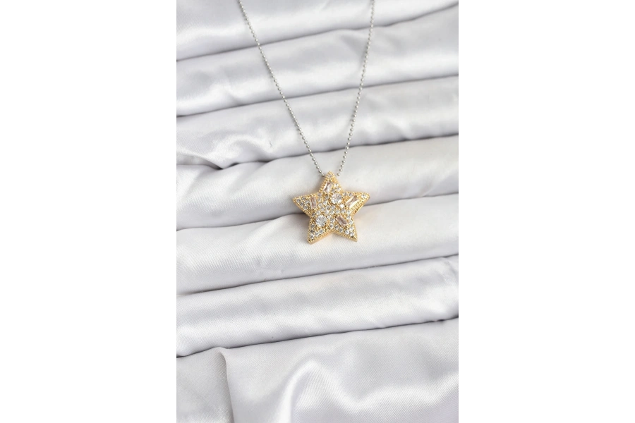 Shoecide 316l Çelik Zincir Gümüş Renk Zincirli Gold Yıldız Model Kadın Kolye