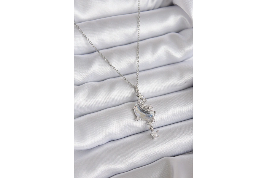 Shoecide 316l Çelik Zincir Gümüş Renk Zirkon Taşlı Ay Model Sallantı Yıldız Detay Kadın Kolye
