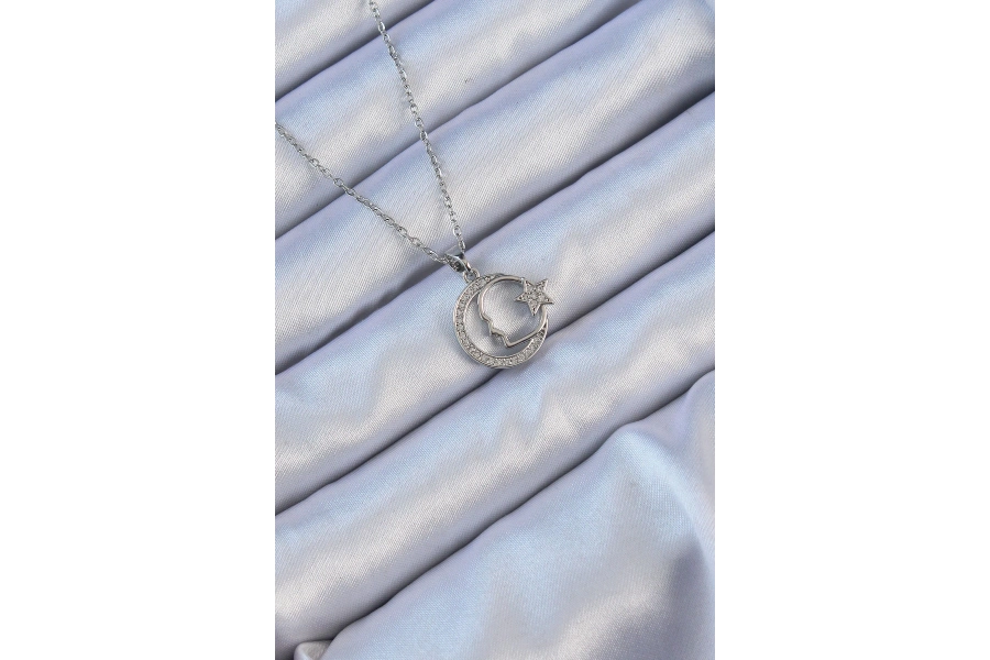 Shoecide 316l Çelik Zincir Gümüş Renk Zirkon Taşlı Ay Yıldız Simgeli Atatürk Kolye