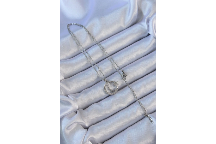 Shoecide 316l Çelik Zincir Gümüş Renk Zirkon Taşlı Ay Yıldız Simgeli Atatürk Kolye