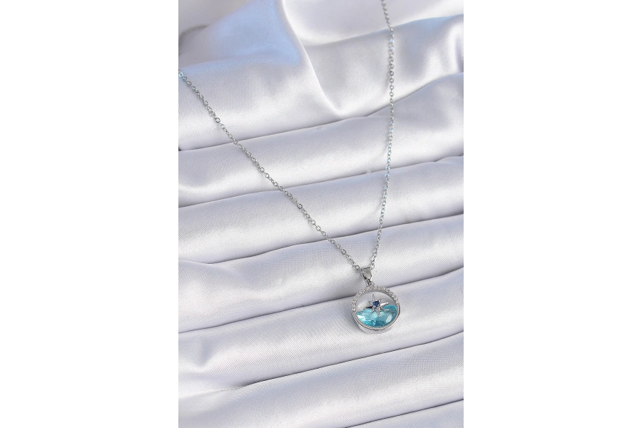 Shoecide 316l Çelik Zincir Gümüş Renk Zirkon Taşlı Deniz Görünüm Kutup Yıldızı Kolye