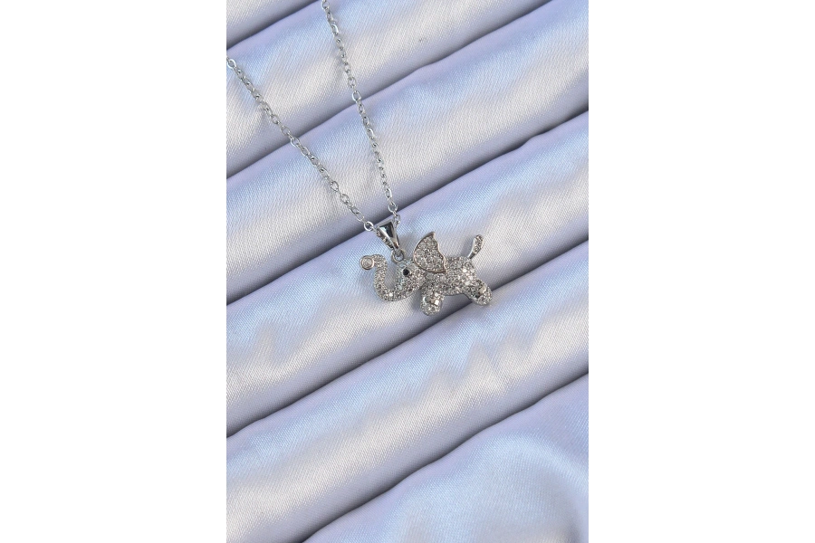 Shoecide 316l Çelik Zincir Gümüş Renk Zirkon Taşlı Fil Kolye