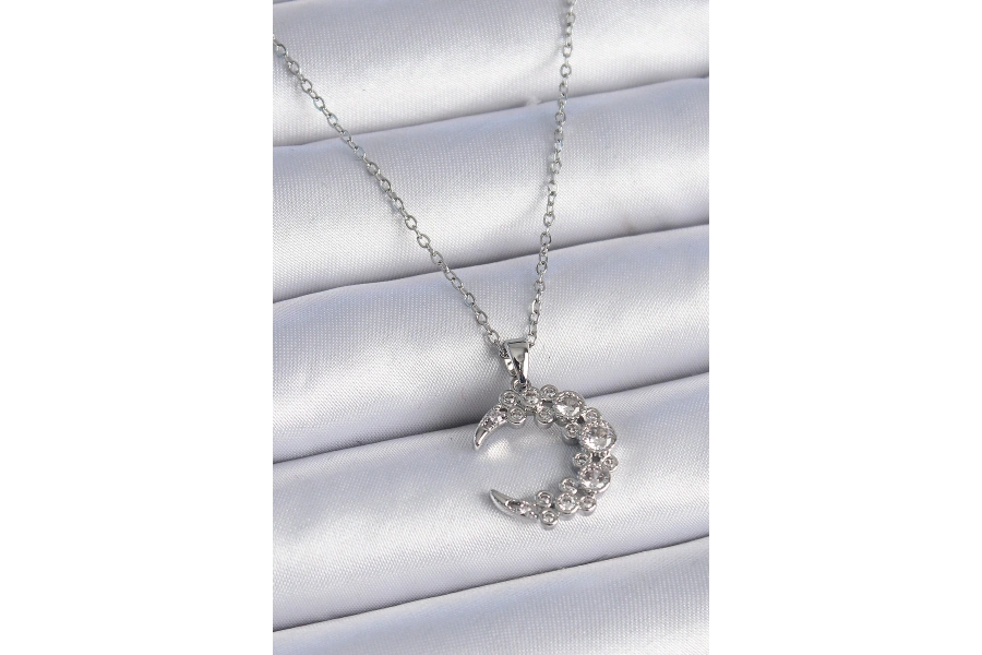 Shoecide 316l Çelik Zincir Gümüş Renk Zirkon Taşlı Hilal Model Kadın Kolye