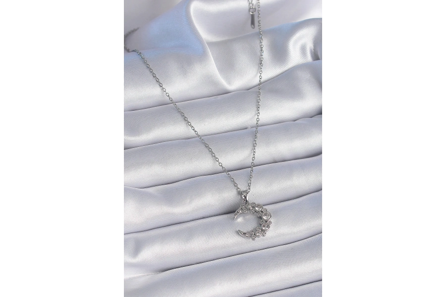 Shoecide 316l Çelik Zincir Gümüş Renk Zirkon Taşlı Hilal Model Kadın Kolye