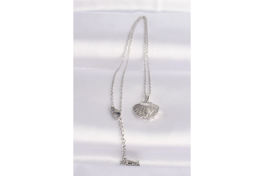 Shoecide 316l Çelik Zincir Gümüş Renk Zirkon Taşlı İnci Detay İstiridye Kolye