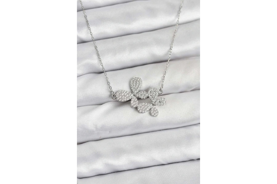 Shoecide 316l Çelik Zincir Gümüş Renk Zirkon Taşlı Kelebek Model Kadın Kolye