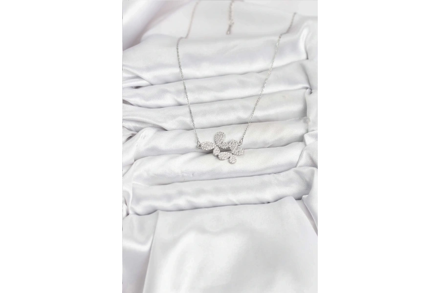 Shoecide 316l Çelik Zincir Gümüş Renk Zirkon Taşlı Kelebek Model Kadın Kolye