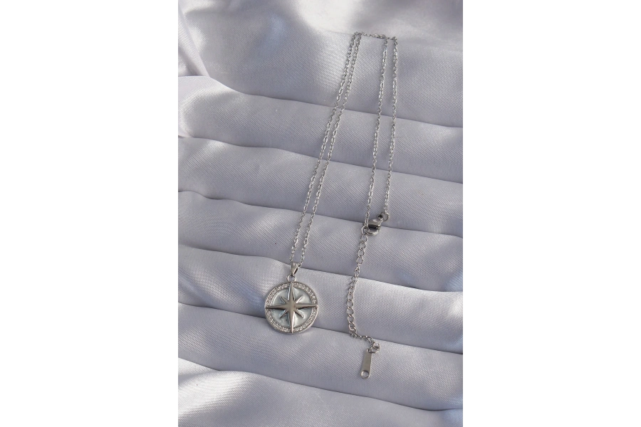 Shoecide 316l Çelik Zincir Gümüş Renk Zirkon Taşlı Kutup Yıldızı Kolye