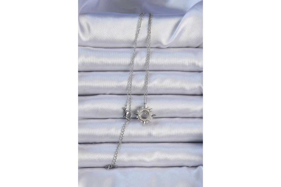 Shoecide 316l Çelik Zincir Gümüş Renk Zirkon Taşlı Parlayan Yıldız Kolye