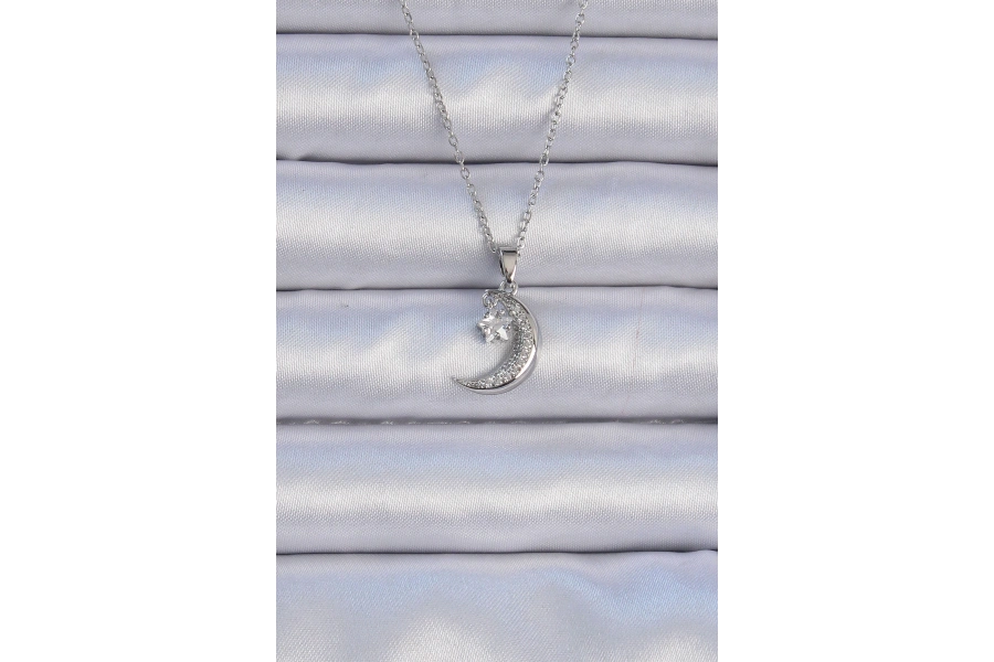 Shoecide 316l Çelik Zincir Gümüş Renk Zirkon Taşlı Sallantılı Ay Yıldız Kolye