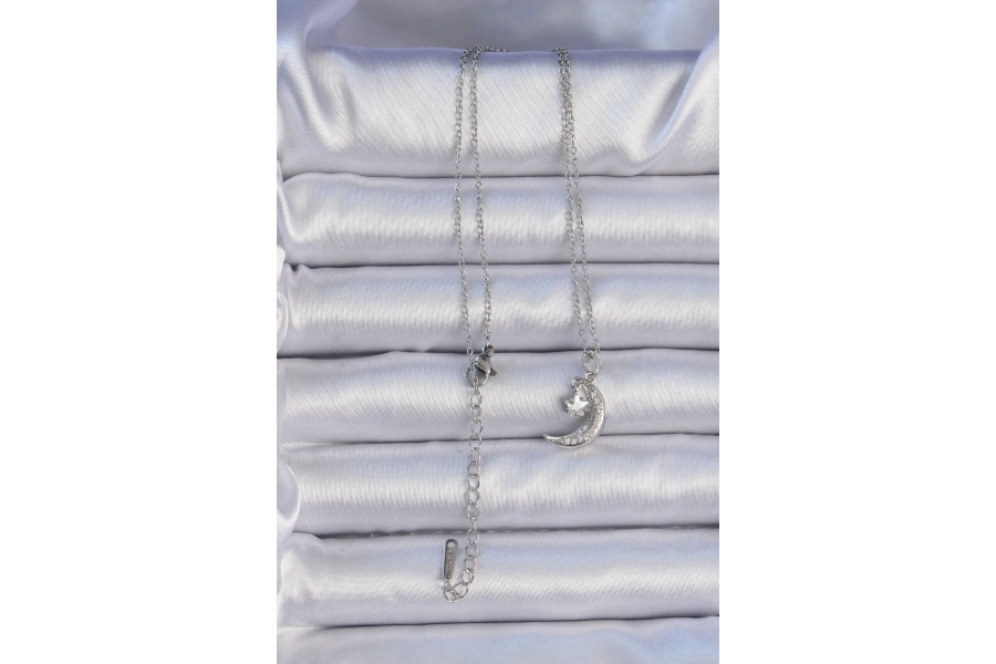 Shoecide 316l Çelik Zincir Gümüş Renk Zirkon Taşlı Sallantılı Ay Yıldız Kolye