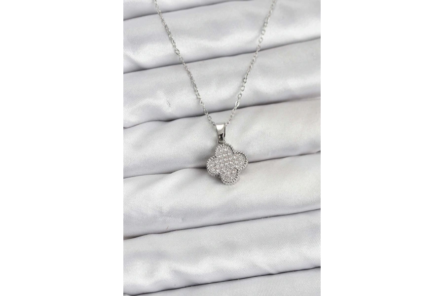 Shoecide 316l Çelik Zincir Gümüş Renk Zirkon Taşlı Yonca Model Kadın Kolye