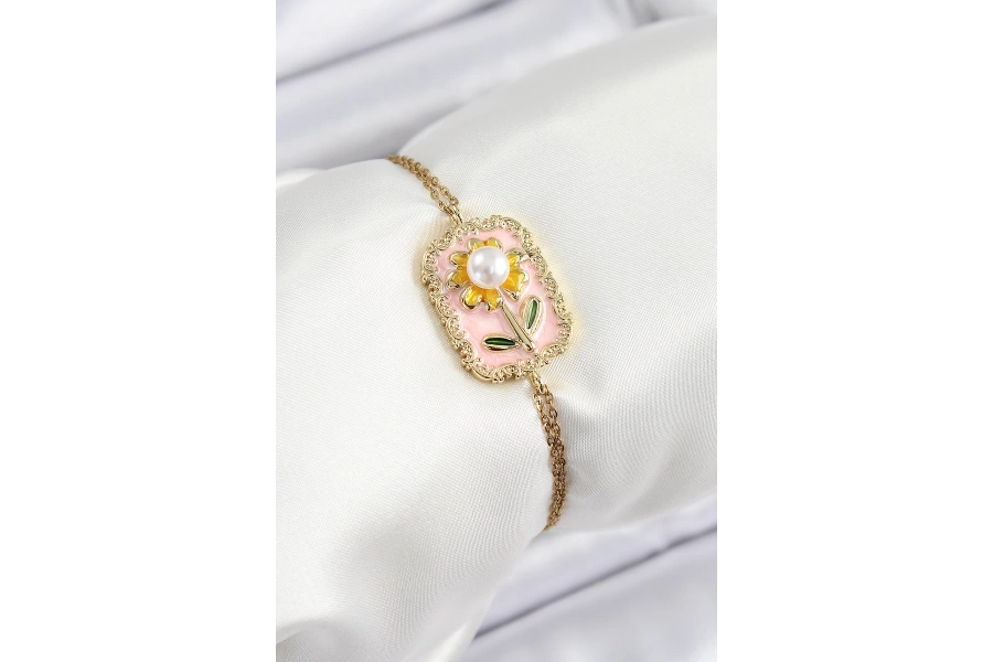 Shoecide 316l Çelik Zincir Pembe Mineli Sanatsal Portre İnci Detaylı Papatya Model Gold Renk Kadın Bileklik