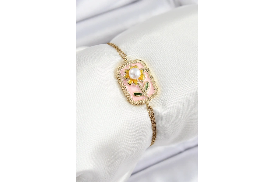 Shoecide 316l Çelik Zincir Pembe Mineli Sanatsal Portre İnci Detaylı Papatya Model Gold Renk Kadın Bileklik