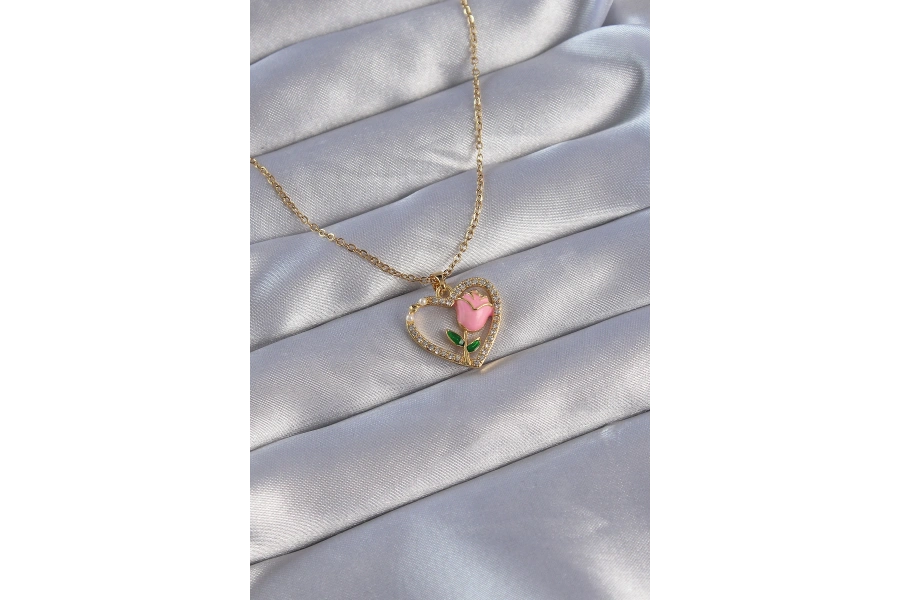 Shoecide 316l Çelik Zincirli Gold Renk Zirkon Taşlı Kalp İçinde Pembe Gül Tasarımlı Kolye
