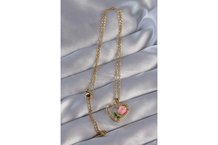Shoecide 316l Çelik Zincirli Gold Renk Zirkon Taşlı Kalp İçinde Pembe Gül Tasarımlı Kolye