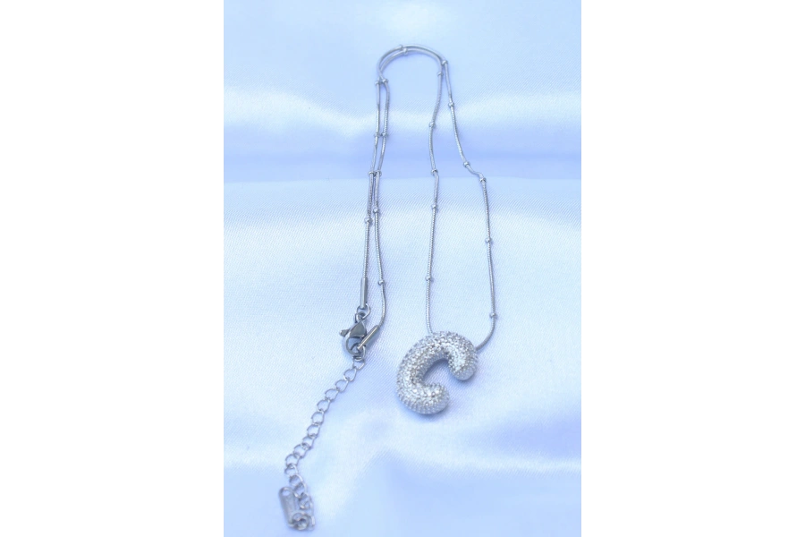 Shoecide 316l Çelik Zincirli Zirkon Taşlı C Harfli Gümüş Renk Bubble Kolye