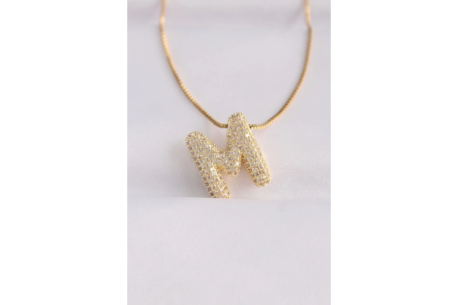 Shoecide 316l Çelik Zincirli Zirkon Taşlı M Harfli Gold Renk Bubble Kolye