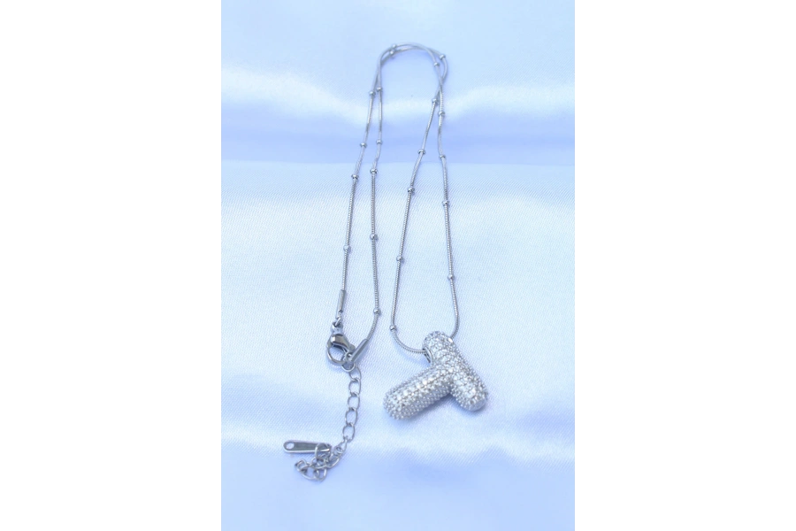 Shoecide 316l Çelik Zincirli Zirkon Taşlı T Harfli Gümüş Renk Bubble Kolye