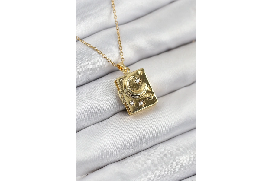 Shoecide 316l Çelik Zirkon Taşlı Açılabilr Kapaklı Kitap Model Gold Renk Kadın Kolye