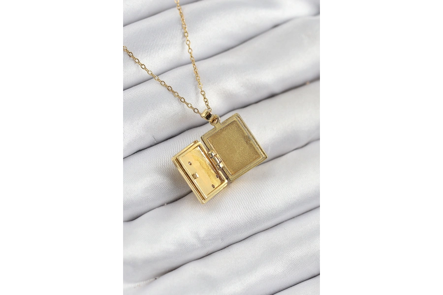 Shoecide 316l Çelik Zirkon Taşlı Açılabilr Kapaklı Kitap Model Gold Renk Kadın Kolye