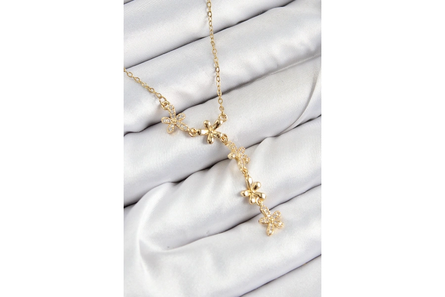 Shoecide 316l Çelik Zirkon Taşlı Çiçek Model Gold Renk Kadın Kolye