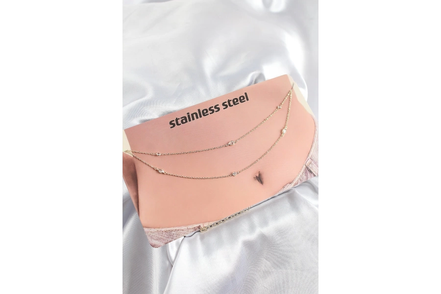 Shoecide 316l Çelik Zirkon Taşlı Damla Model Gold Renk Göbek Zinciri