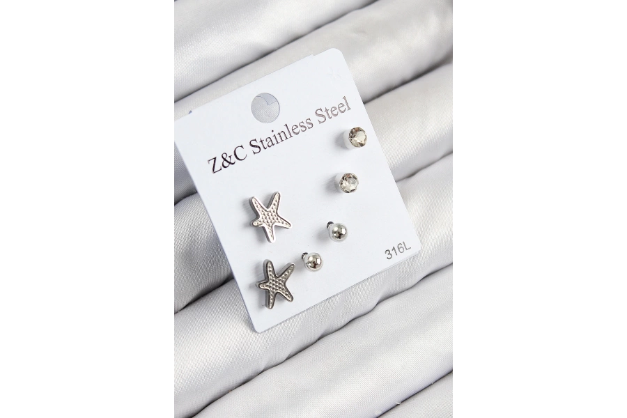 Shoecide 316l Çelik Zirkon Taşlı Deniz Yıldızı Model Gümüş Renk Kadın Set Küpe
