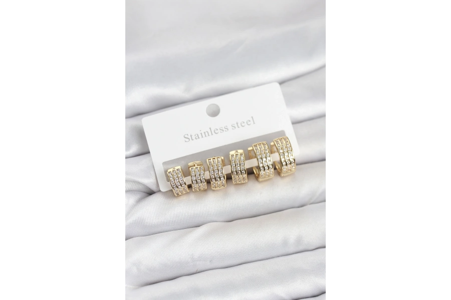 Shoecide 316l Çelik Zirkon Taşlı Gold Halka Küpe Seti