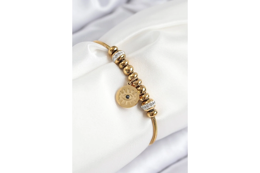 Shoecide 316l Çelik Zirkon Taşlı Göz Charm Model Gold Renk Kadın Bileklik