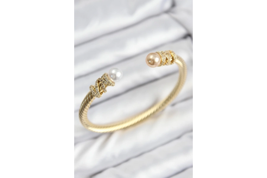 Shoecide 316l Çelik Zirkon Taşlı İnci Model Gold Renk Kadın Bileklik