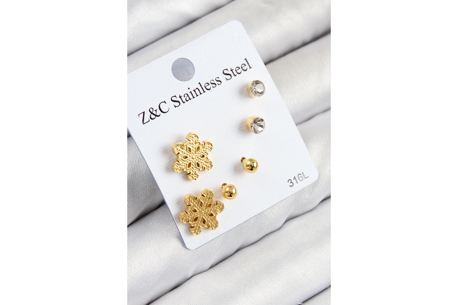Shoecide 316l Çelik Zirkon Taşlı Kar Tanesi Model Gold Renk Kadın Set Küpe