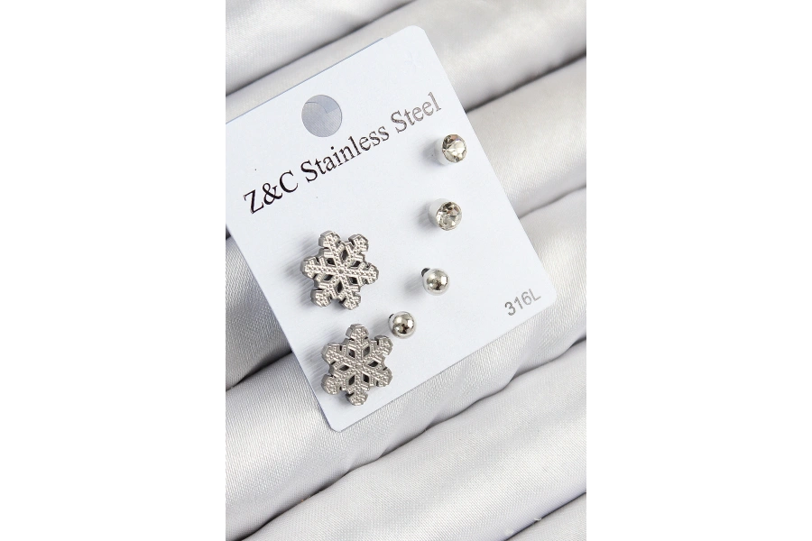 Shoecide 316l Çelik Zirkon Taşlı Kar Tanesi Model Gümüş Renk Kadın Set Küpe