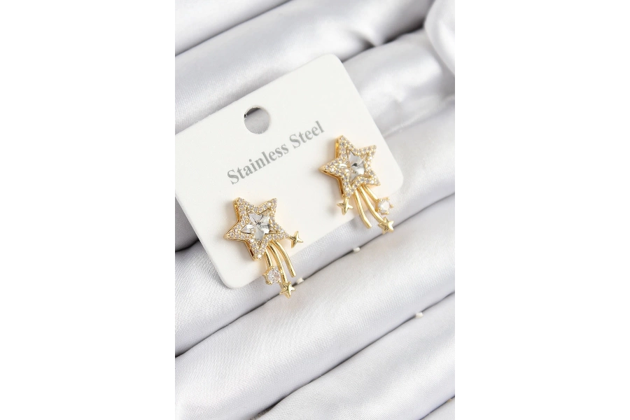 Shoecide 316l Çelik Zirkon Taşlı Kayan Yıldız Model Gold Renk Kadın Küpe