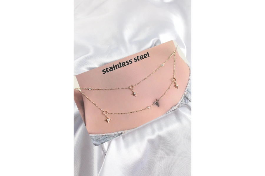 Shoecide 316l Çelik Zirkon Taşlı Kutup Yıldızı Model Gold Renk Göbek Bel Zinciri