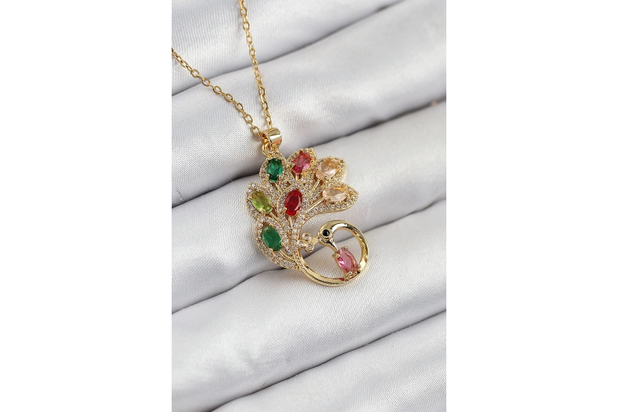 Shoecide 316l Çelik Zirkon Taşlı Tavus Kuşu Model Gold Renk Kadın Kolye