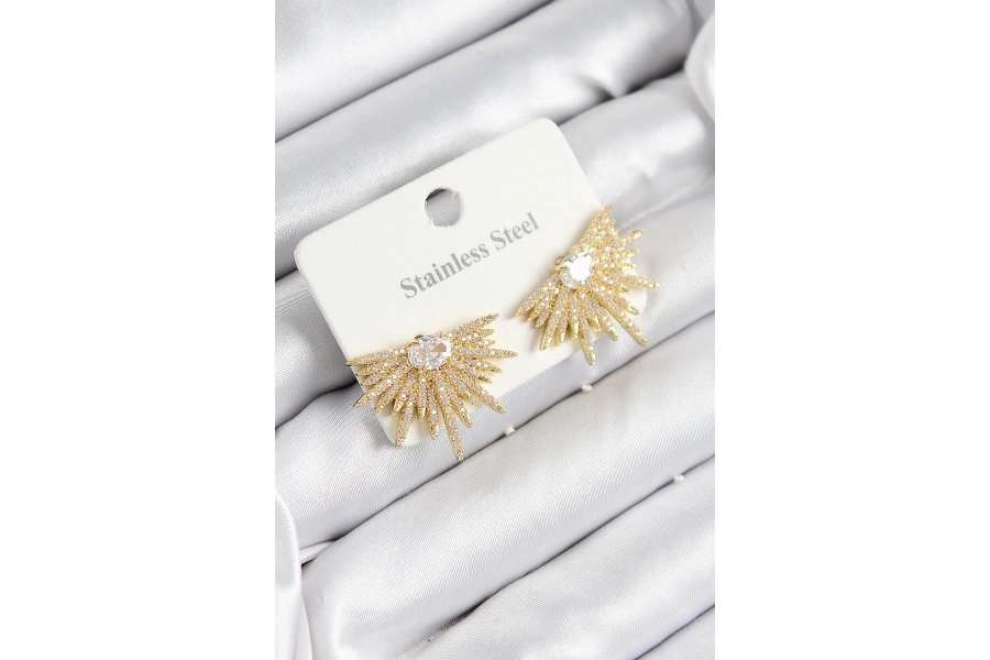 Shoecide 316l Çelik Zirkon Taşlı Yelpaze Model Gold Renk Kadın Küpe