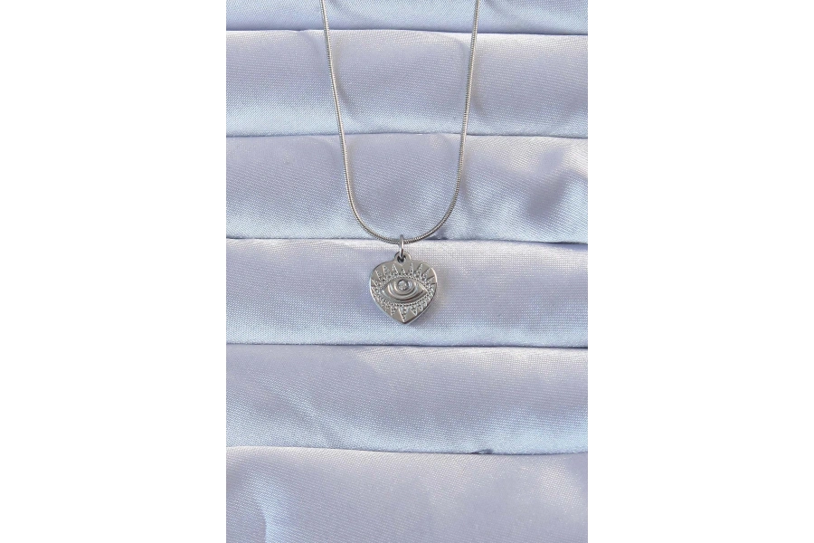 Shoecide 316l Gümüş Renk Zirkon Taşlı İşlemeli Göz Detay Kalp Kolye