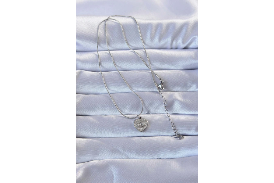 Shoecide 316l Gümüş Renk Zirkon Taşlı İşlemeli Göz Detay Kalp Kolye