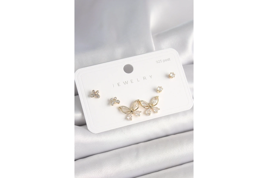 Shoecide 925 Ayar Çivi Gümüş Pirinç Gold Renk Zirkon Taşlı Kelebek Model Kadın Küpe Seti