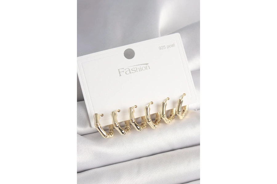 Shoecide 925 Ayar Gümüş Çivi Pirinç Gold Renk Bambu Halka Model Kadın Küpe Seti