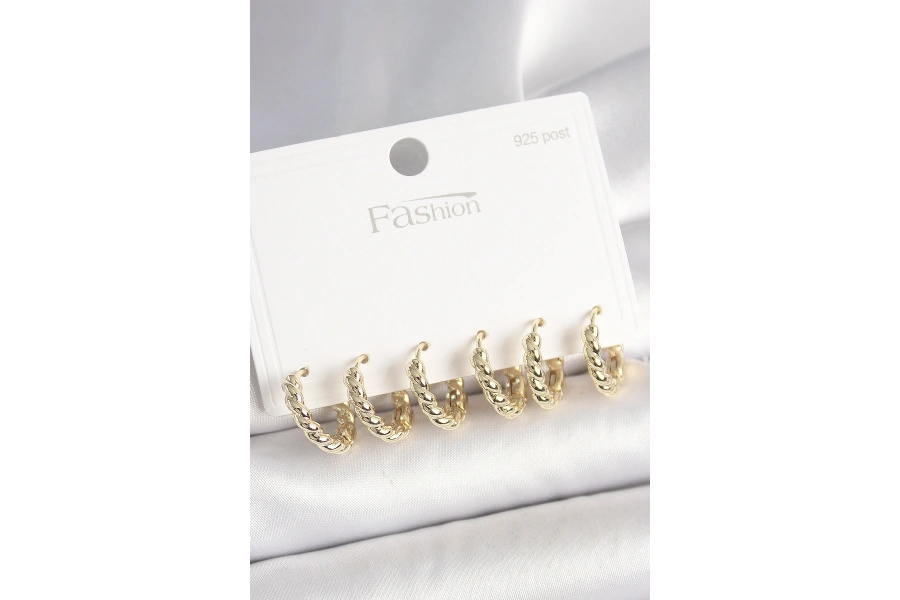 Shoecide 925 Ayar Gümüş Çivi Pirinç Gold Renk Sarmal Halka Model Kadın Küpe Seti