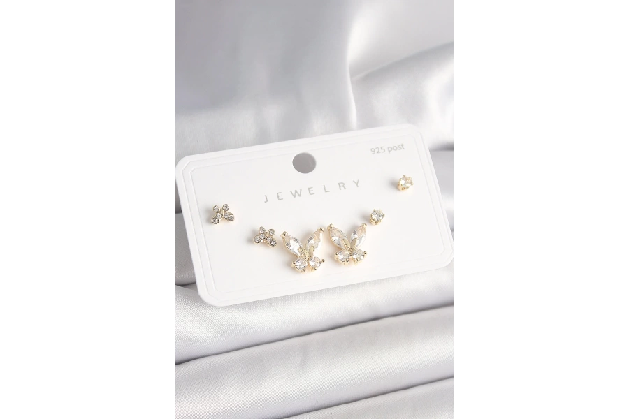 Shoecide 925 Ayar Gümüş Çivi Pirinç Gold Renk Zirkon Taşlı Kelebek Model Kadın Küpe Seti