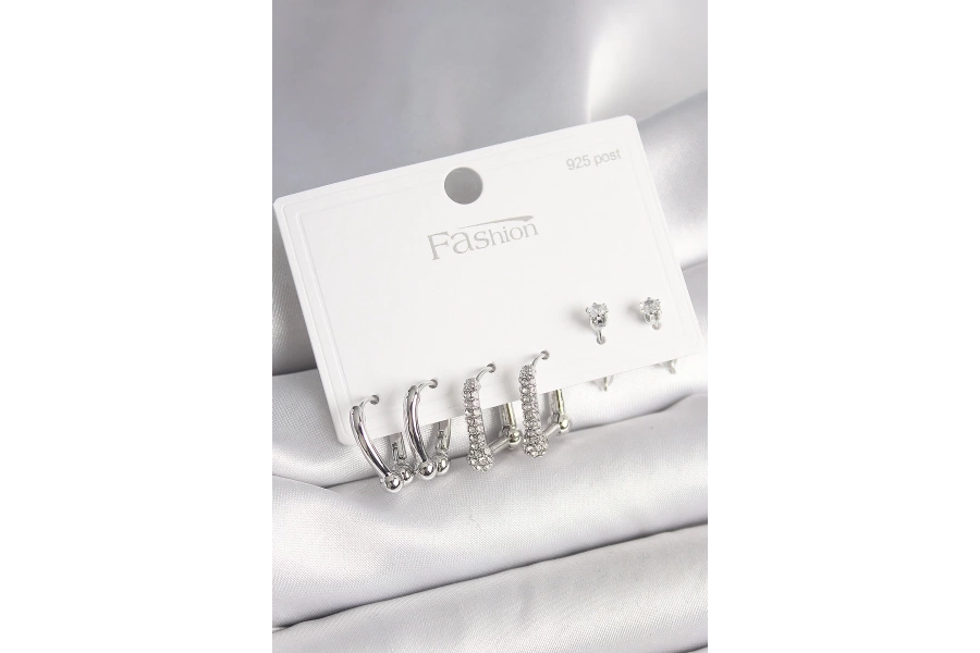 Shoecide 925 Ayar Gümüş Çivi Pirinç Gümüş Renk Zirkon Taşlı Tiffany Halka Model Kadın Küpe Seti