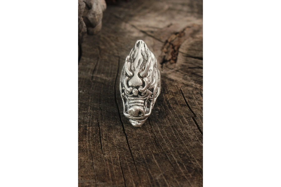 Shoecide Antik Gümüş Renk Ejderha Kafası Model Ayarlanabilir Erkek Yüzük