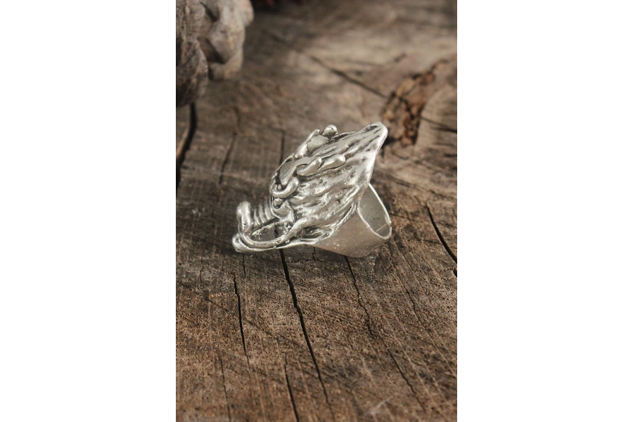Shoecide Antik Gümüş Renk Ejderha Kafası Model Ayarlanabilir Erkek Yüzük