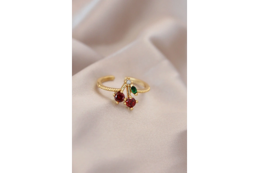 Shoecide Ayarlamalı Gold Renk Metal Renkli Zirkon Taşlı Kiraz Yüzük