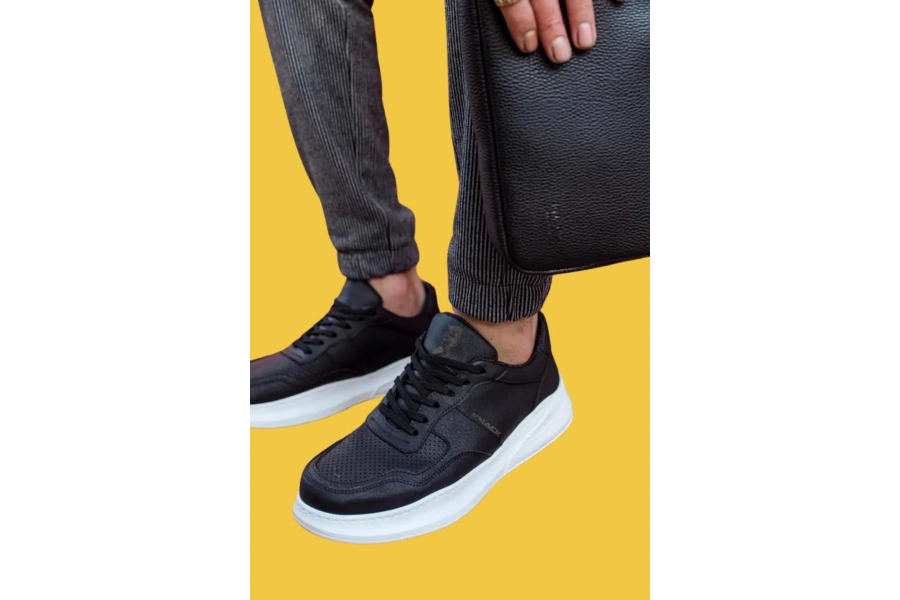 Shoecide Bağcıklı Delikli Desen Rahat Yüksek Taban Siyah Erkek Günlük Ayakkabı 707