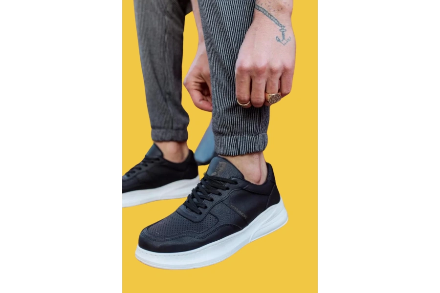 Shoecide Bağcıklı Delikli Desen Rahat Yüksek Taban Siyah Erkek Günlük Ayakkabı 707